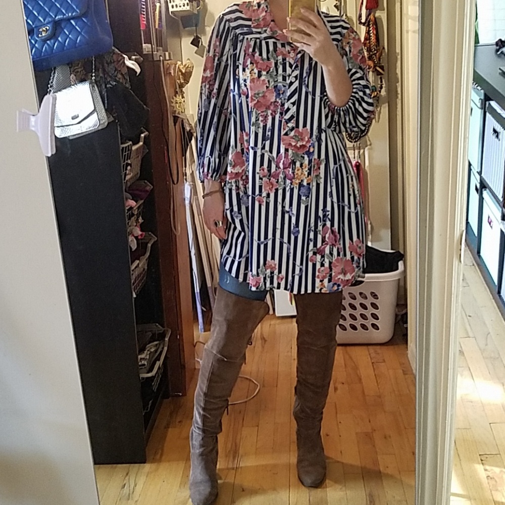 Floral striped balloon sleeve button down dress